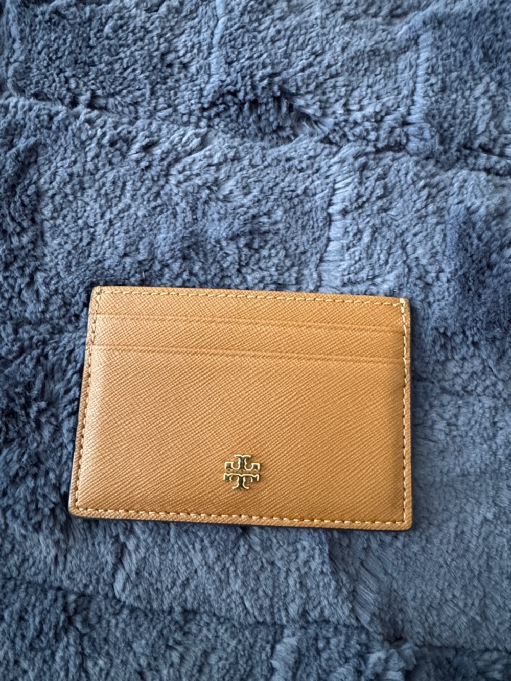 Tory Burch Camel Tan Saffiano Leather Card Holder with Gold Logo